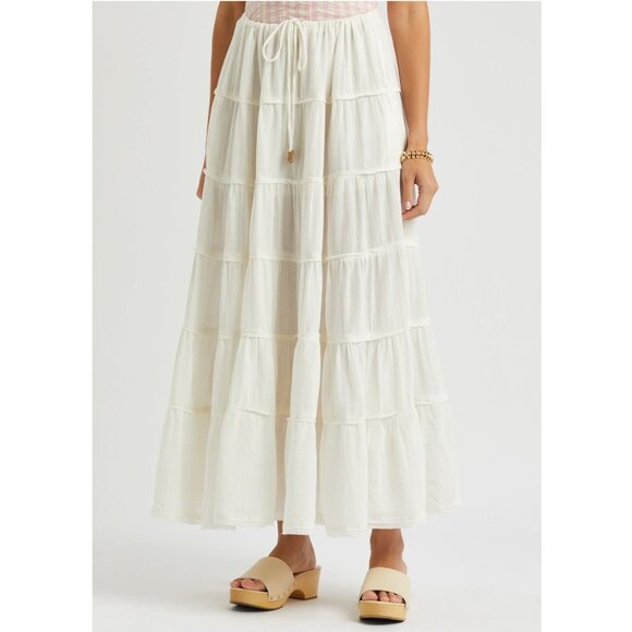 Free People Simply Smitten Maxi Skirt Tiered Tie Waist Natural Cream XL - Picture 7 of 16